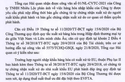 Công văn 236/TCHQ-GSQL ngày 18/01/2021 V/v Vướng mắc EVFTA.
